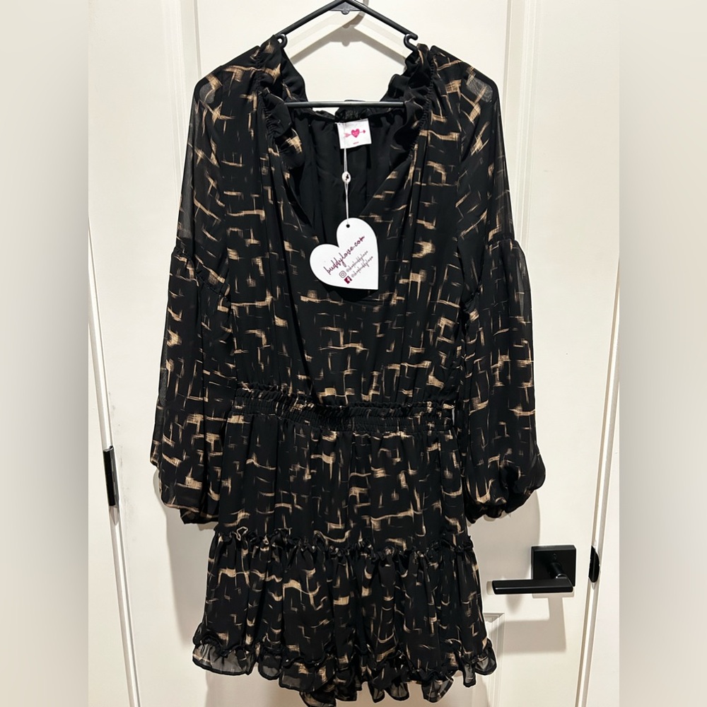 New with tags- Buddy Love Black and Gold Elastic Waist Mini Dress